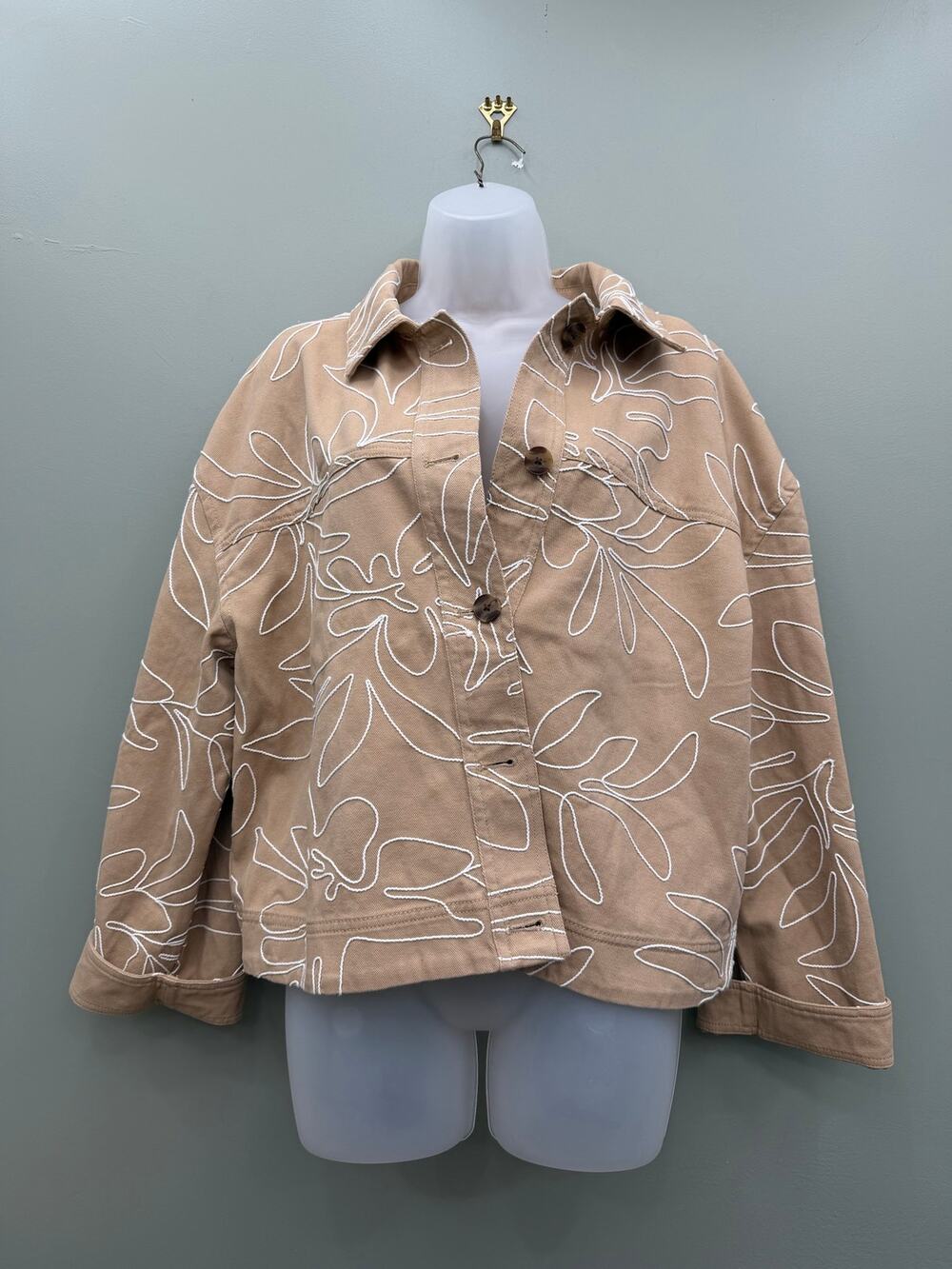 LOFT Floral Embroidered Twill Jacket XL Tan White 100% Cotton Utility